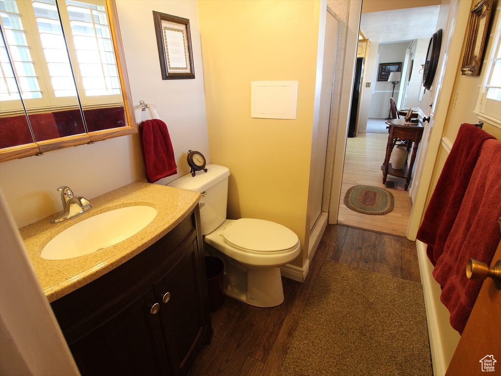 Bathroom with a healthy amount of sunlight, toilet, oversized vanity, and wood-type flooring