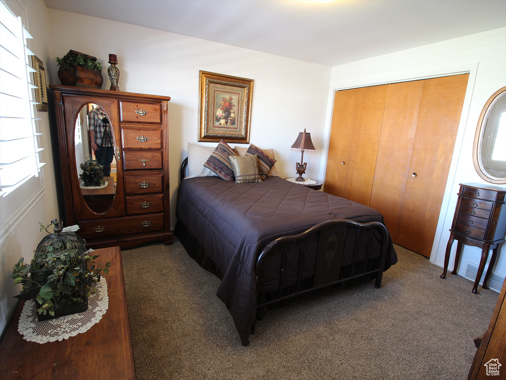 Bedroom featuring multiple windows, dark colored carpet, and a closet