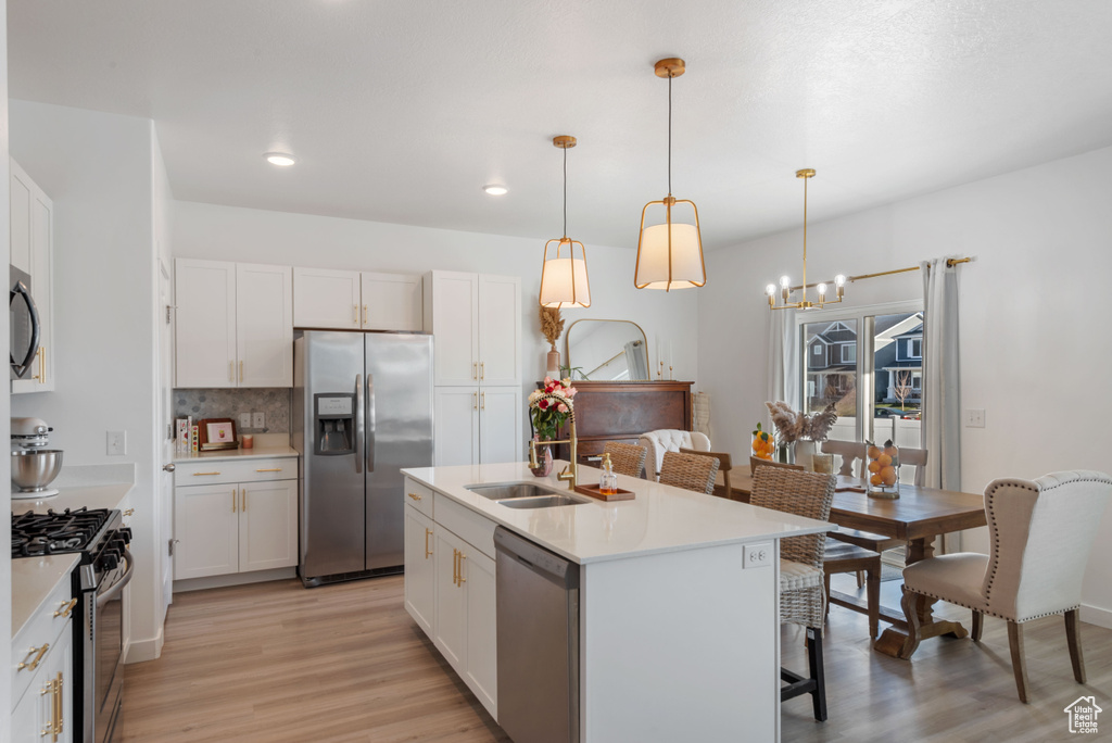 Kitchen with appliances with stainless steel finishes, light wood-type flooring, backsplash, decorative light fixtures, and a center island with sink