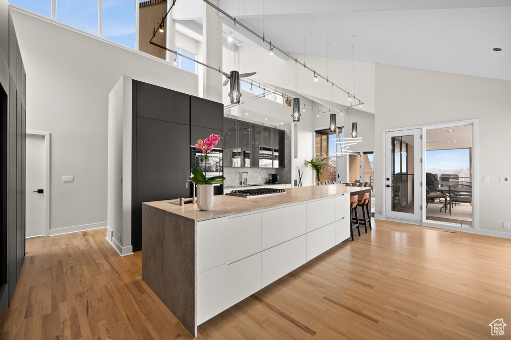 Kitchen featuring tasteful backsplash, high vaulted ceiling, white cabinetry, light hardwood / wood-style flooring, and rail lighting