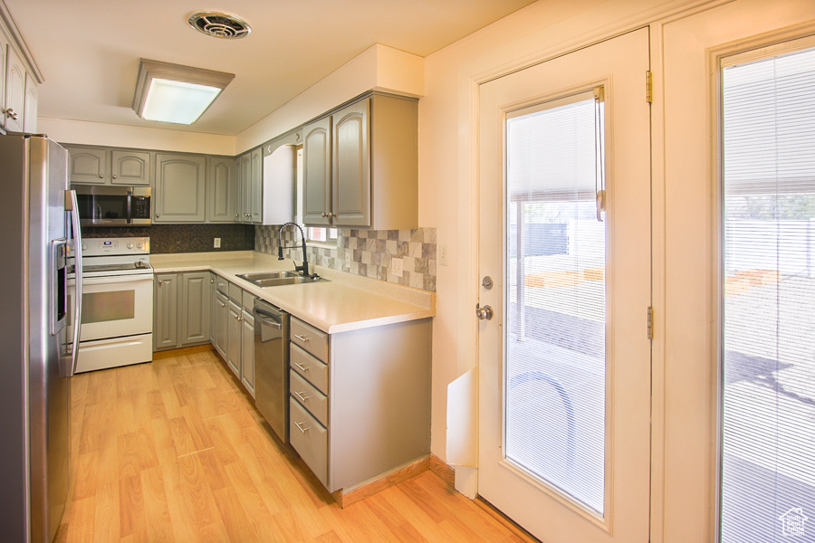 Kitchen with sink, stainless steel appliances, light hardwood / wood-style floors, and tasteful backsplash