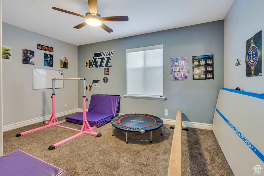 Workout room featuring ceiling fan and carpet flooring