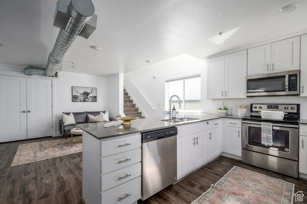 Kitchen featuring stainless steel appliances, dark hardwood / wood-style flooring, sink, kitchen peninsula, and white cabinets