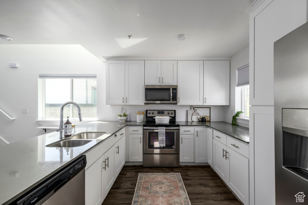 Kitchen featuring appliances with stainless steel finishes, white cabinets, dark wood-type flooring, and sink