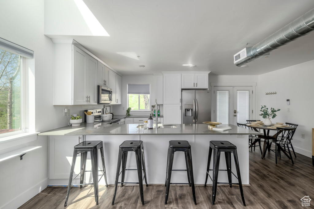 Kitchen featuring appliances with stainless steel finishes, white cabinets, a breakfast bar area, dark hardwood / wood-style floors, and sink