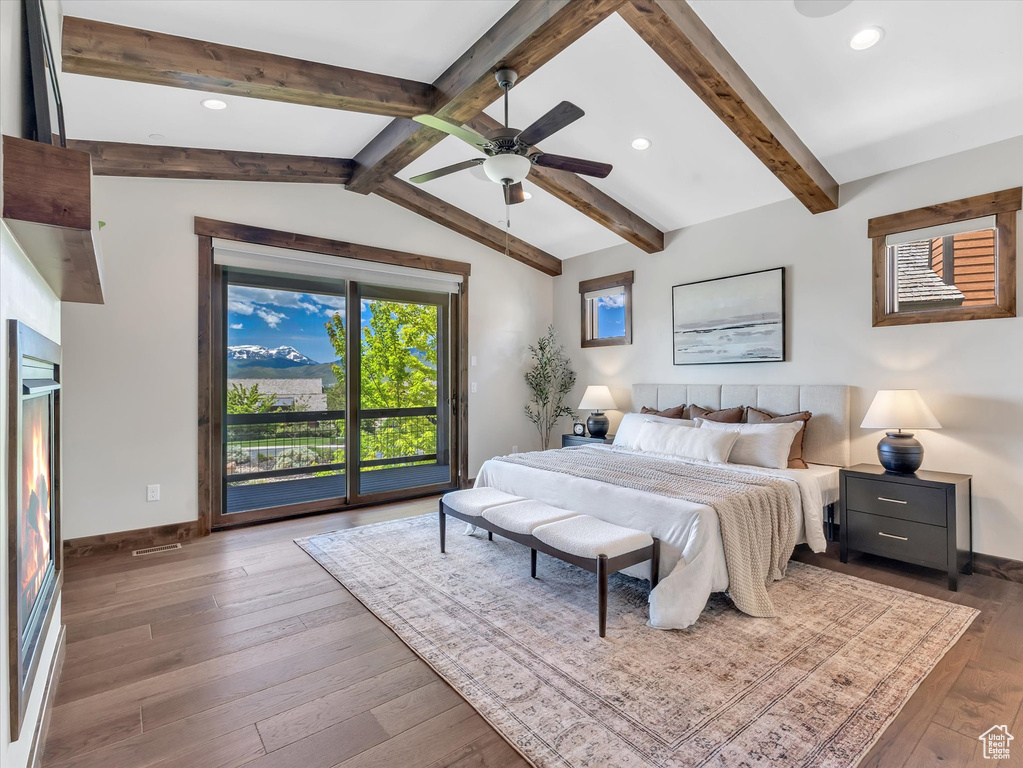 Bedroom with access to outside, baseboards, wood-type flooring, recessed lighting, and ceiling fan