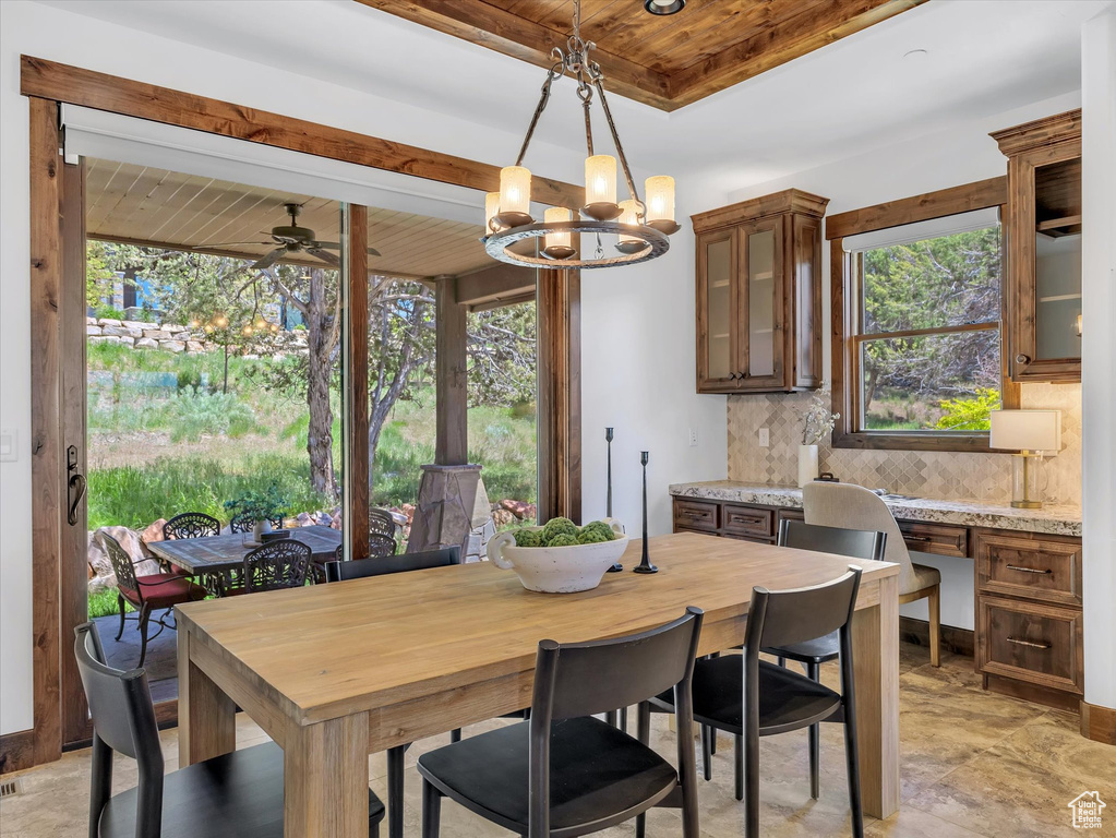 Dining area featuring a chandelier, healthy amount of natural light, wooden ceiling, and a ceiling fan