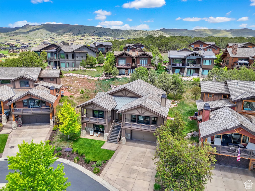 Aerial view of residential area with mountains