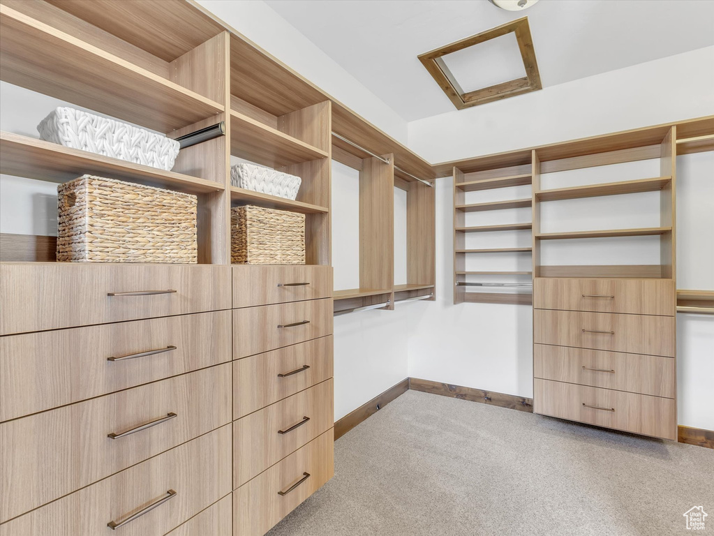 Walk in closet with light colored carpet and attic access