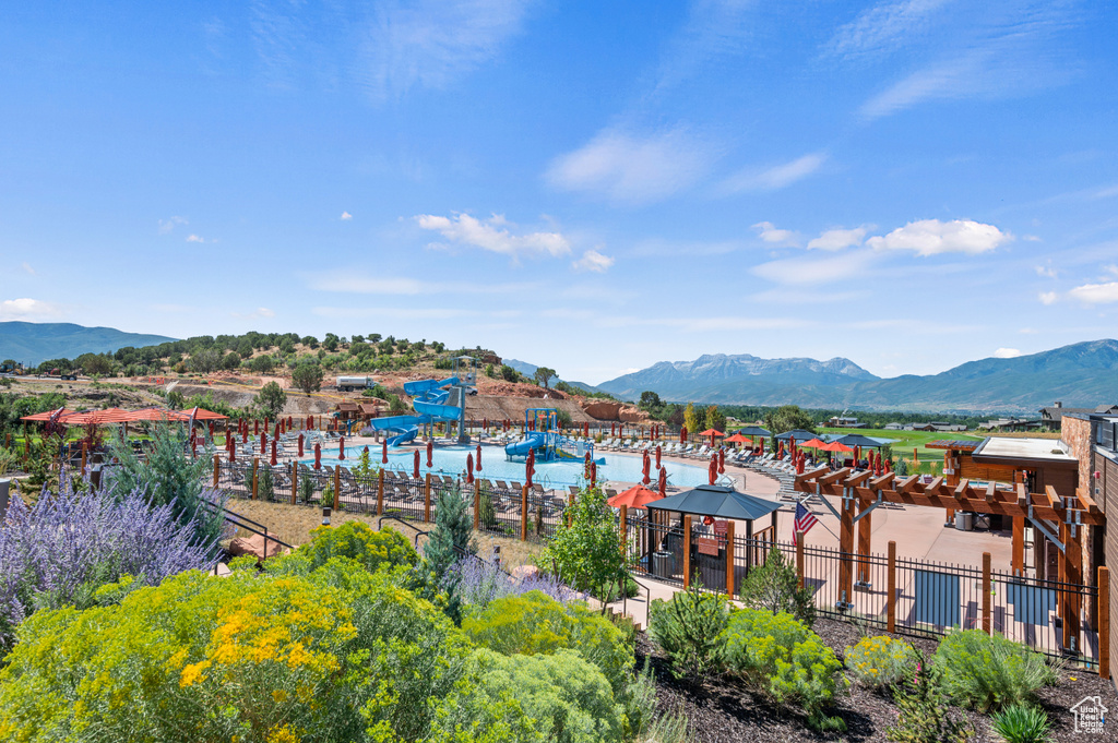 Exterior space featuring a gazebo and a mountain view