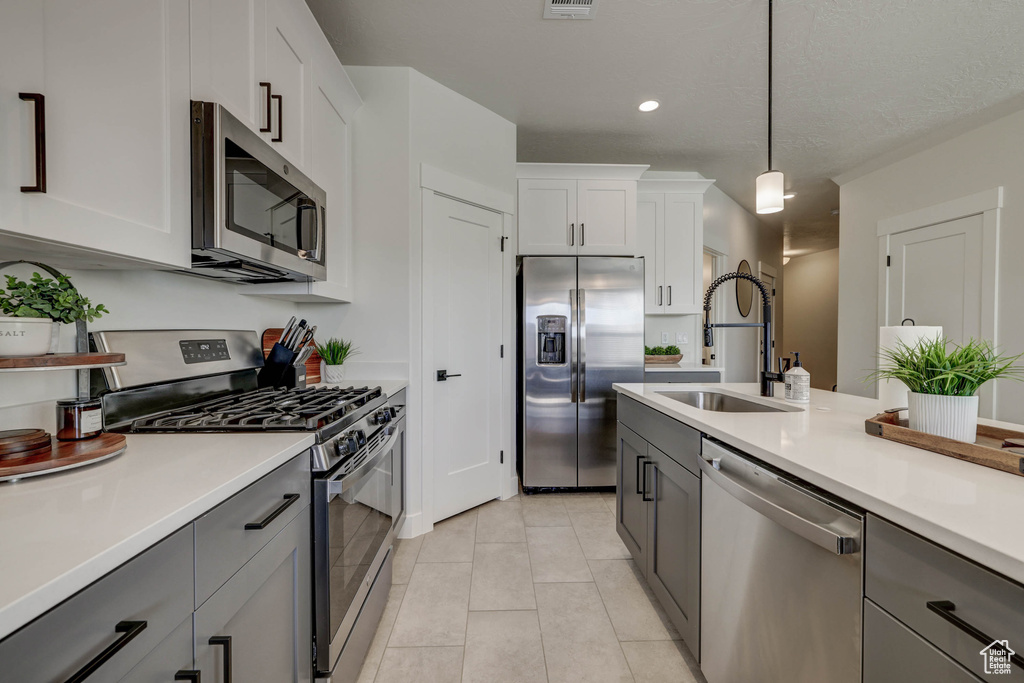 Kitchen with appliances with stainless steel finishes, pendant lighting, sink, gray cabinets, and white cabinets