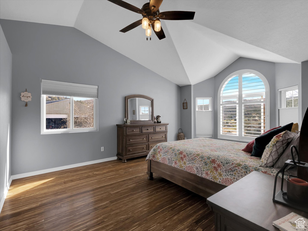 Bedroom with dark hardwood / wood-style flooring, ceiling fan, and lofted ceiling