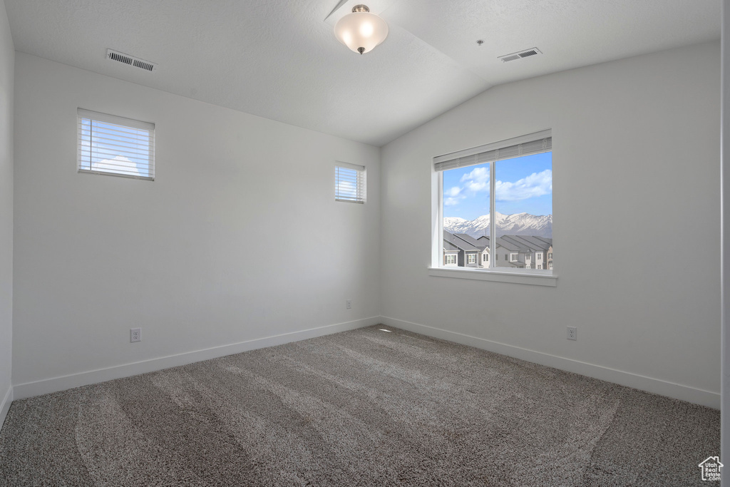 Spare room with lofted ceiling and dark colored carpet