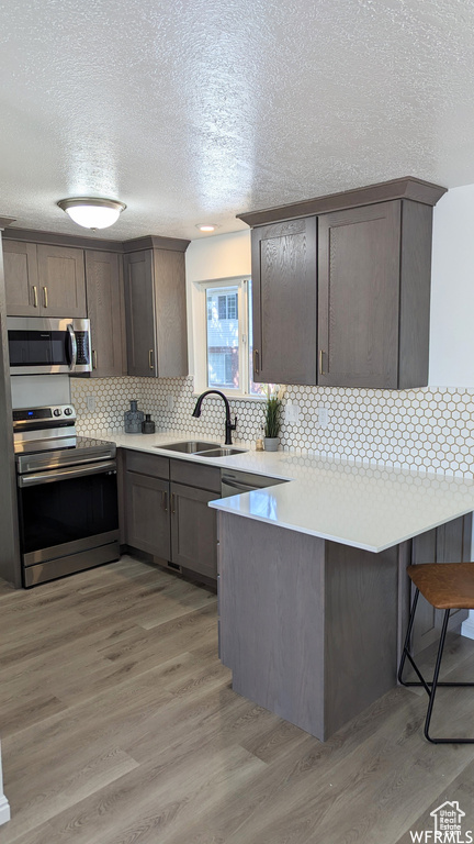Kitchen with appliances with stainless steel finishes, tasteful backsplash, sink, kitchen peninsula, and light hardwood / wood-style flooring