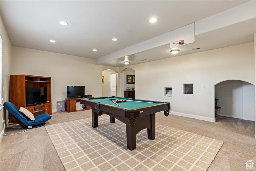 Rec room with billiards and light carpet