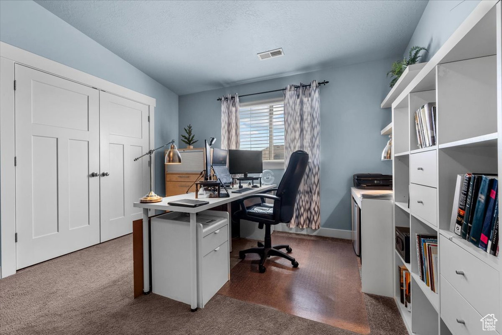 Office area with light colored carpet and a textured ceiling
