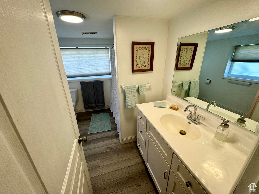 Bathroom featuring oversized vanity, hardwood / wood-style flooring, and toilet