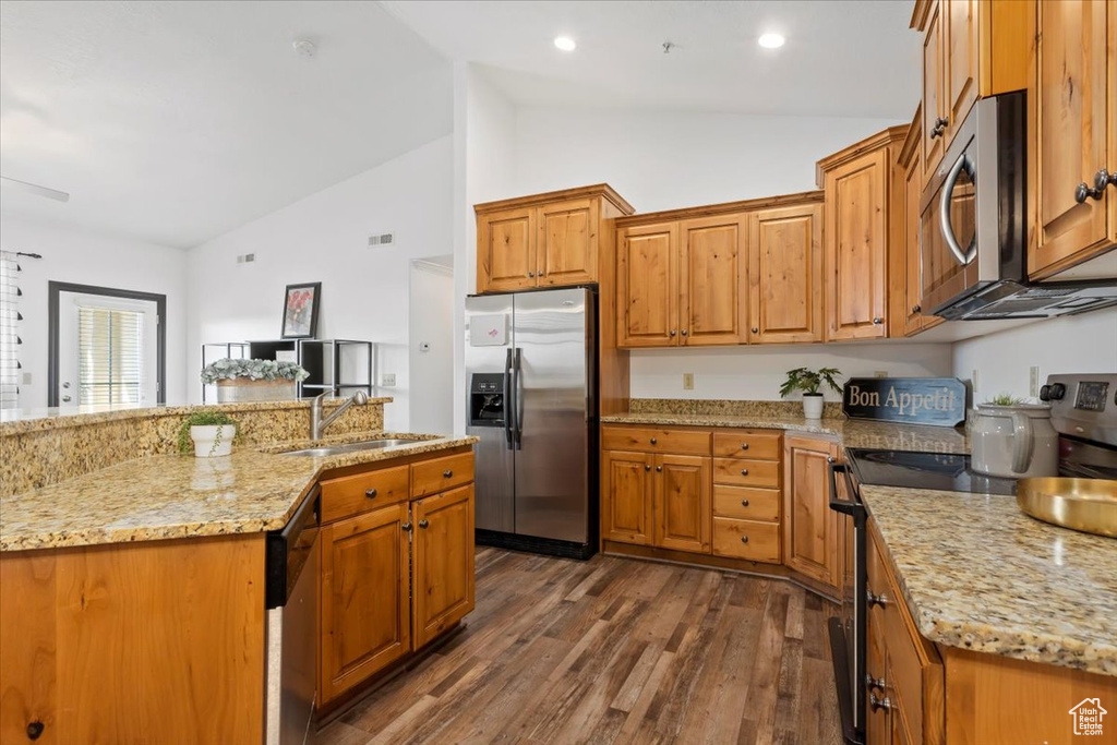 Kitchen featuring dark hardwood / wood-style flooring, appliances with stainless steel finishes, light stone countertops, high vaulted ceiling, and sink