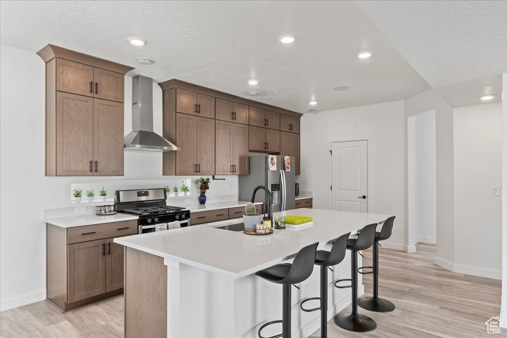 Kitchen featuring wall chimney exhaust hood, light hardwood / wood-style flooring, appliances with stainless steel finishes, sink, and a center island with sink