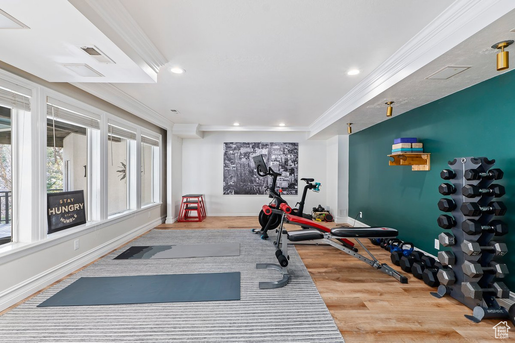 Workout area with ornamental molding and light hardwood / wood-style floors