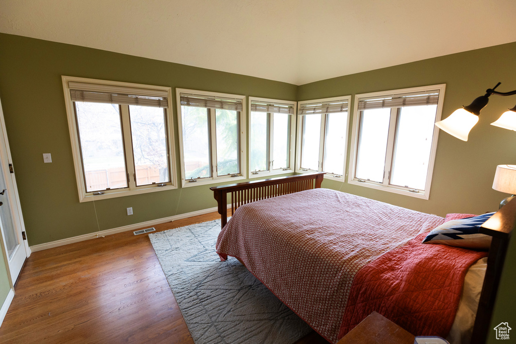 Bedroom with dark hardwood / wood-style flooring and multiple windows