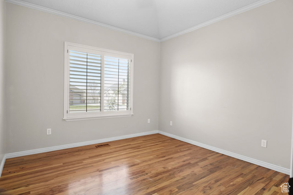 Spare room featuring hardwood / wood-style floors and crown molding