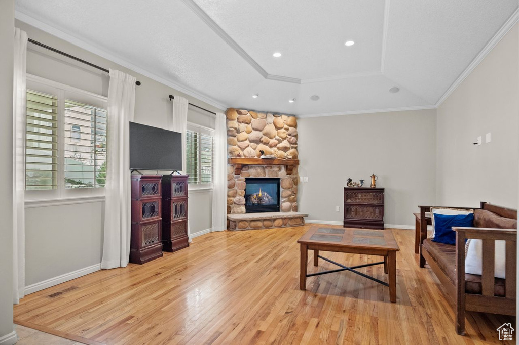 Living room featuring crown molding, a tray ceiling, light hardwood / wood-style floors, and a fireplace