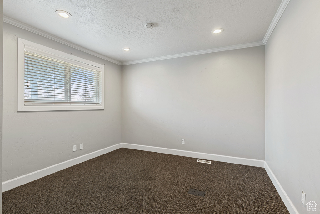 Unfurnished room with a textured ceiling, dark colored carpet, and crown molding