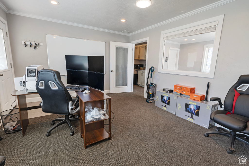 Carpeted office space with ornamental molding