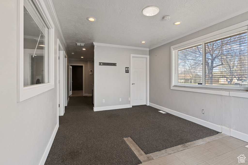 Empty room featuring ornamental molding, dark carpet, and a textured ceiling