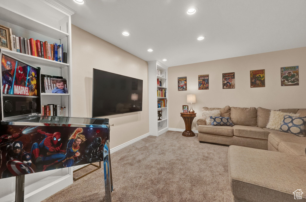 Living room featuring built in shelves and light colored carpet