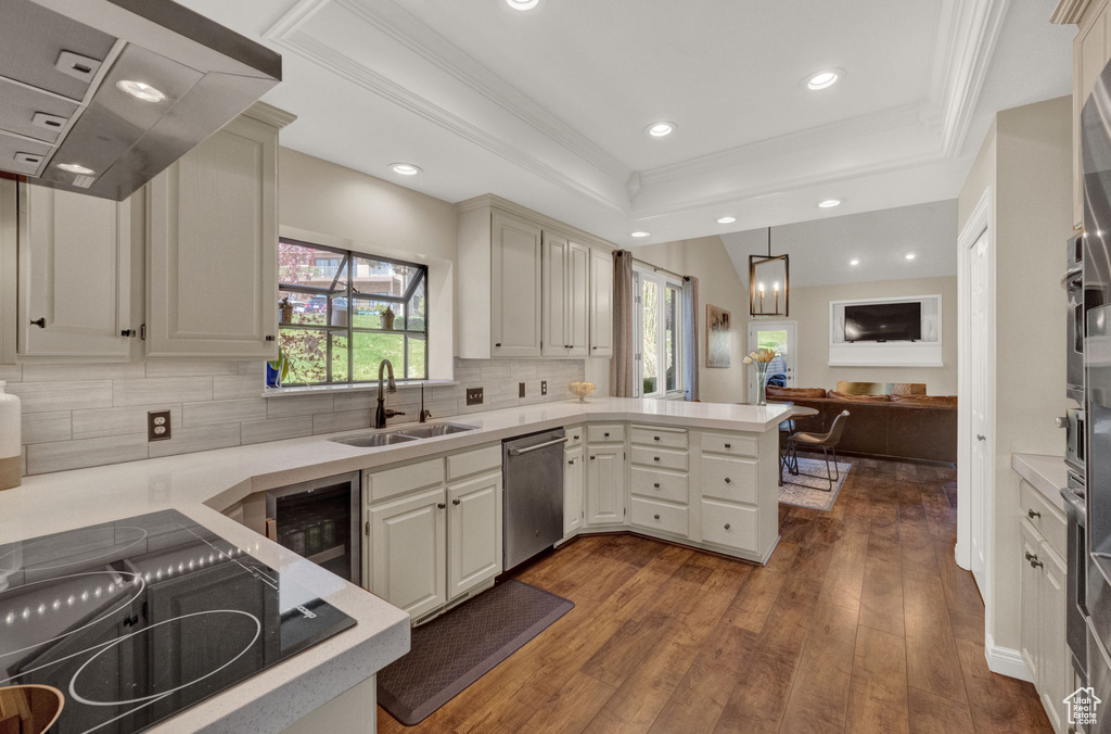 Kitchen featuring dark wood-type flooring, backsplash, stainless steel dishwasher, sink, and exhaust hood
