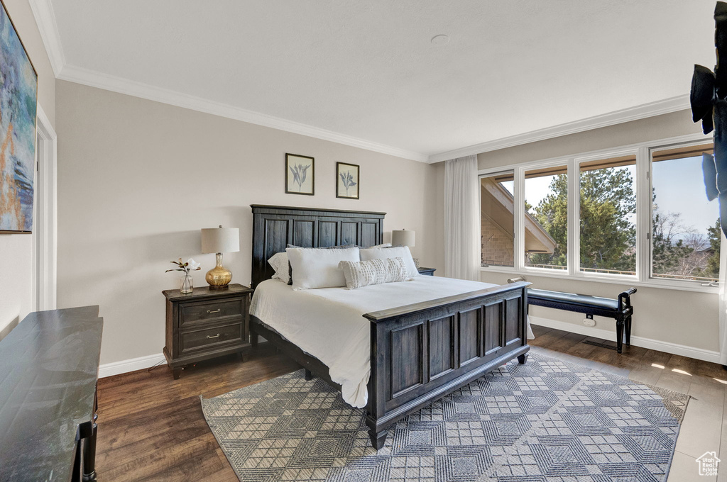 Bedroom with ornamental molding and dark hardwood / wood-style flooring