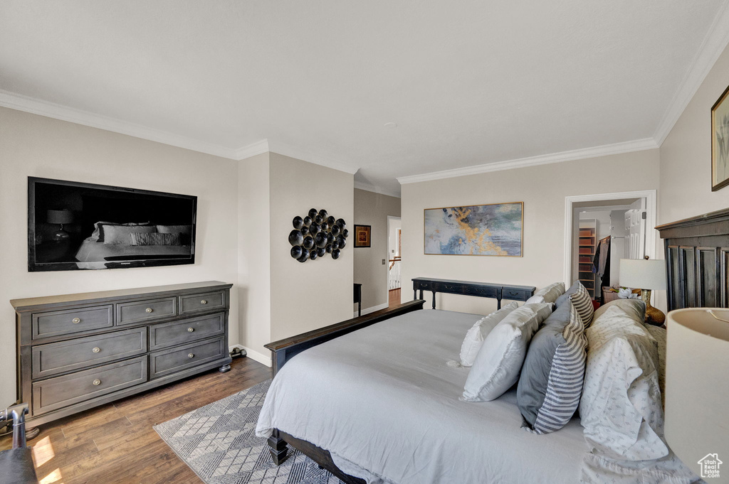 Bedroom featuring ornamental molding, a closet, dark hardwood / wood-style flooring, and a spacious closet