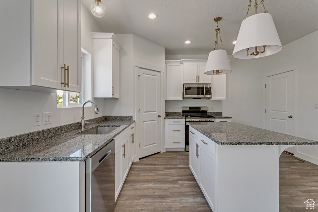 Kitchen featuring pendant lighting, a center island, stainless steel appliances, light hardwood / wood-style floors, and sink