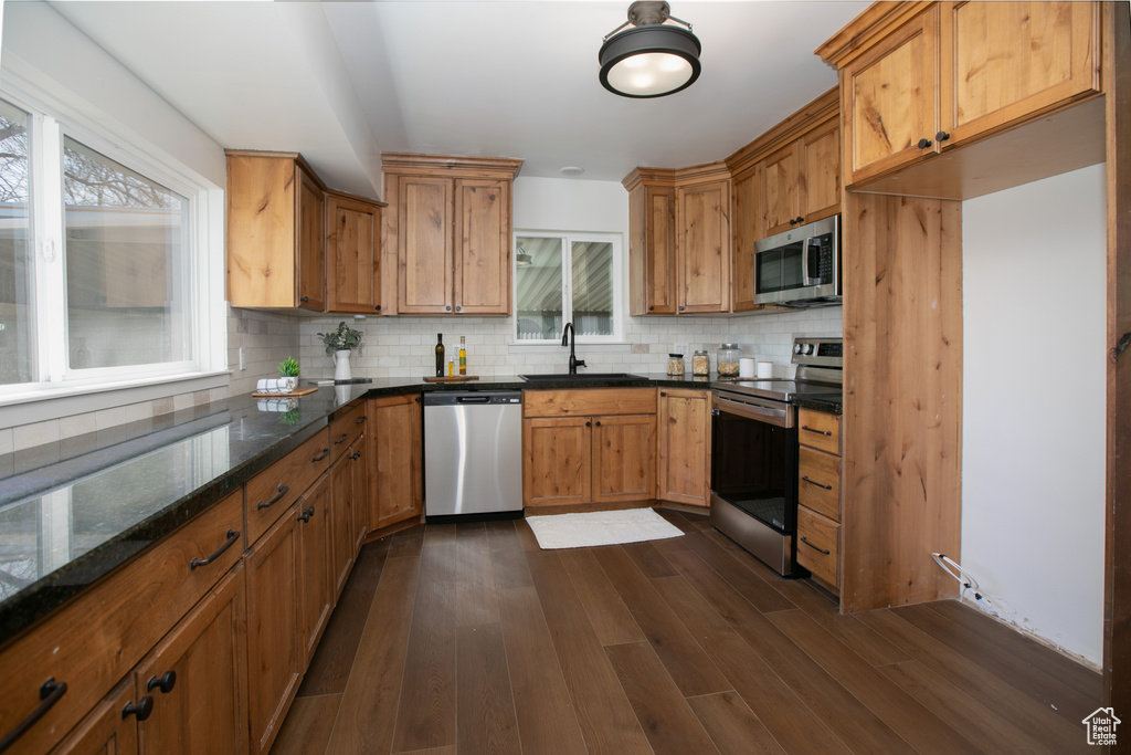 Kitchen featuring appliances with stainless steel finishes, tasteful backsplash, dark stone counters, sink, and dark hardwood / wood-style flooring