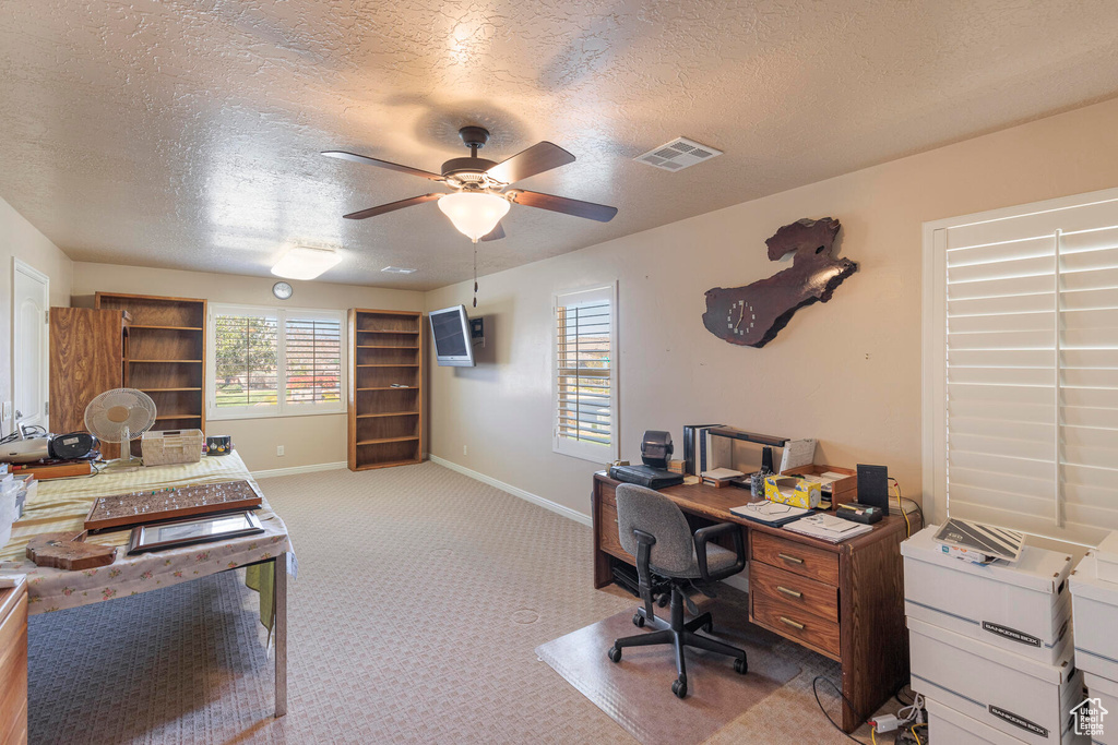 Carpeted office space featuring a textured ceiling and ceiling fan