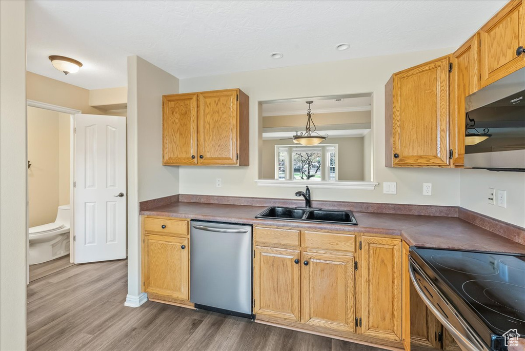 Kitchen with appliances with stainless steel finishes, sink, and hardwood / wood-style flooring