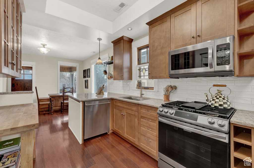 Kitchen with kitchen peninsula, hanging light fixtures, stainless steel appliances, sink, and dark hardwood / wood-style flooring