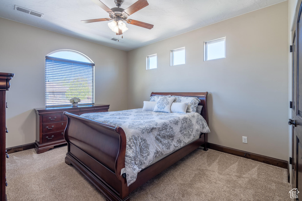 Carpeted bedroom with ceiling fan and multiple windows