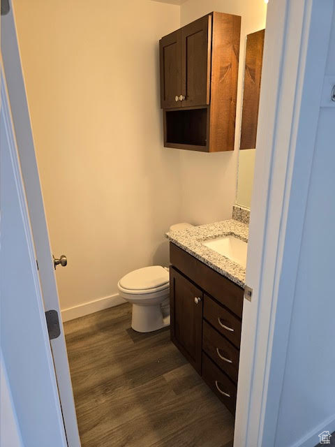 Bathroom with vanity, hardwood / wood-style floors, and toilet