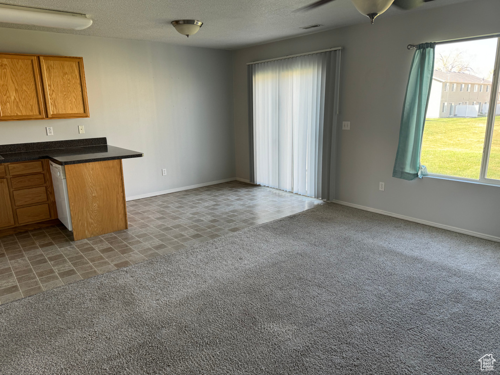 Kitchen with ceiling fan, carpet, and white dishwasher