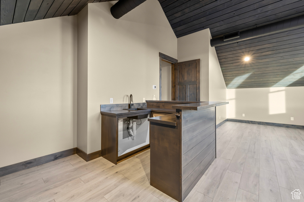 Kitchen featuring lofted ceiling, light wood-type flooring, and wood ceiling