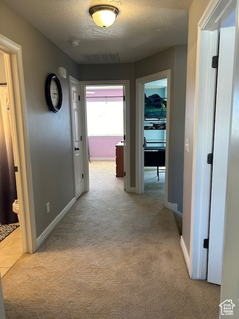 Hallway with light colored carpet and a textured ceiling