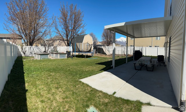 View of yard featuring a trampoline and a patio