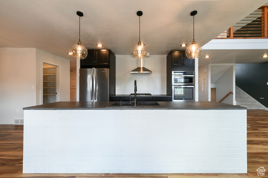 Kitchen featuring pendant lighting, dark hardwood / wood-style flooring, and stainless steel appliances