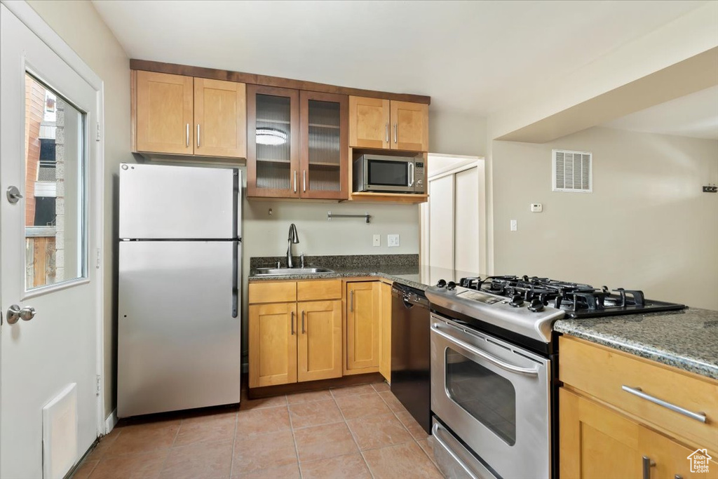 Kitchen featuring a healthy amount of sunlight, stainless steel appliances, light tile floors, and sink