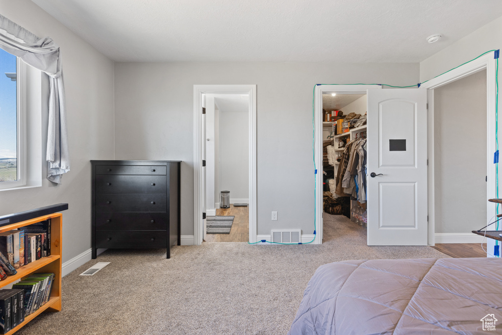 Carpeted bedroom with a spacious closet and a closet