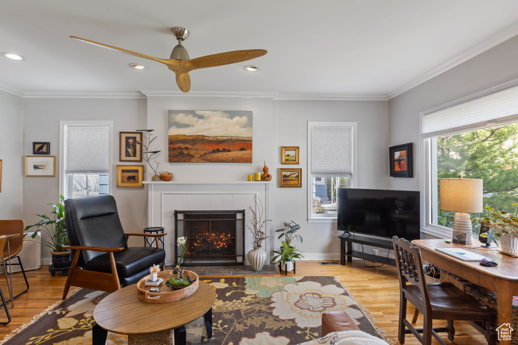 Living room featuring crown molding, a tiled fireplace, ceiling fan, and light hardwood / wood-style flooring