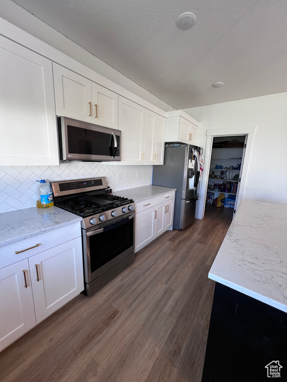 Kitchen with white cabinets, light stone countertops, dark hardwood / wood-style floors, stainless steel appliances, and tasteful backsplash